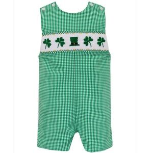 Green Gingham Smocked Shamrock One-Piece for Kids